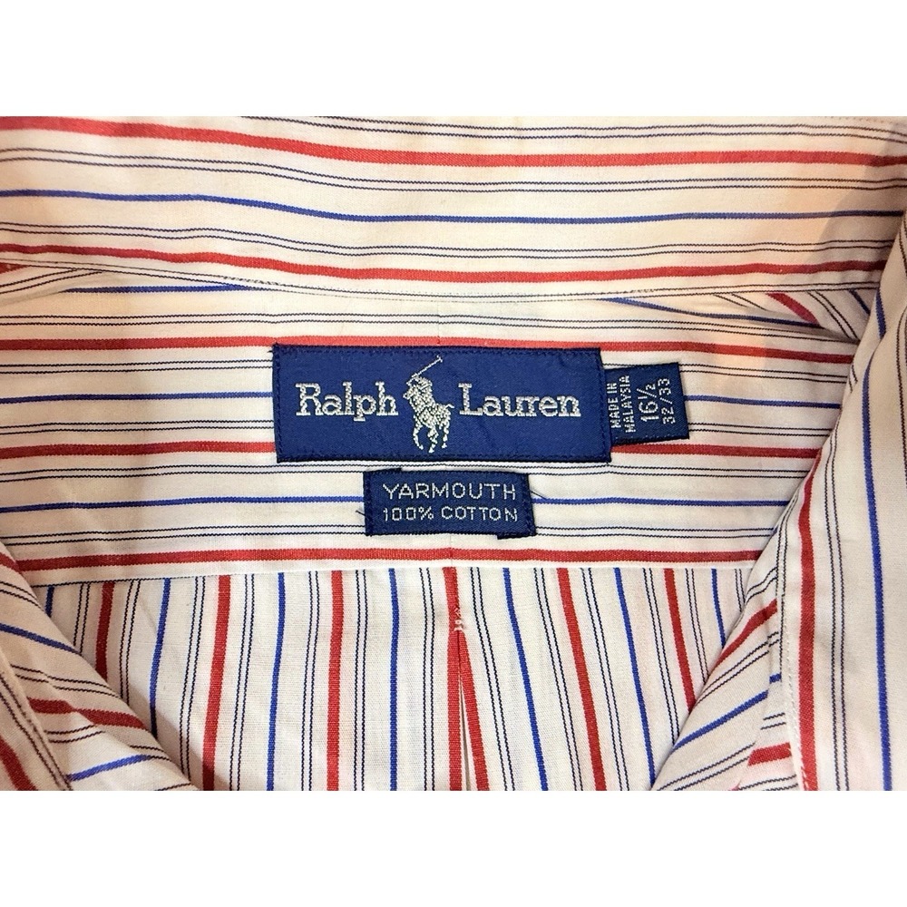 Ralph Lauren Yarmouth Shirt Mens 16 34 Red Blue Stripe Button Down Classic Fit - Picture 3 of 9